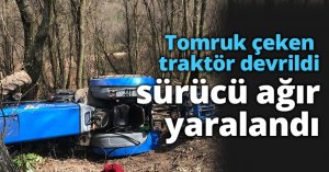 Tomruk çeken traktör devrildi, sürücü ağır yaralandı