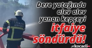 Dere yatağında alev alev yanan kepçeyi itfaiye söndürdü