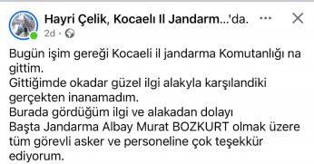 Hayri Çelik'ten Jandarmaya Teşekkür