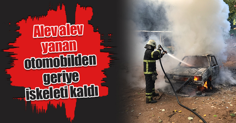 Alev alev yanan otomobilden geriye iskeleti kaldı
