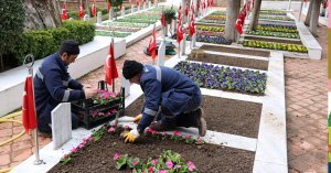 Kar yağışı sonrası şehitlerimizin çiçekleri bakımsız kalmadı