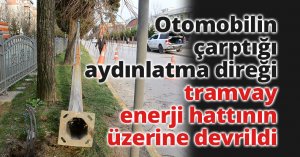 Otomobilin çarptığı aydınlatma direği tramvay enerji hattının üzerine devrildi