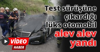 Test sürüşüne çıkardığı lüks otomobil alev alev yandı