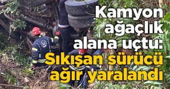 Kamyon ağaçlık alana uçtu: Sıkışan sürücü ağır yaralandı