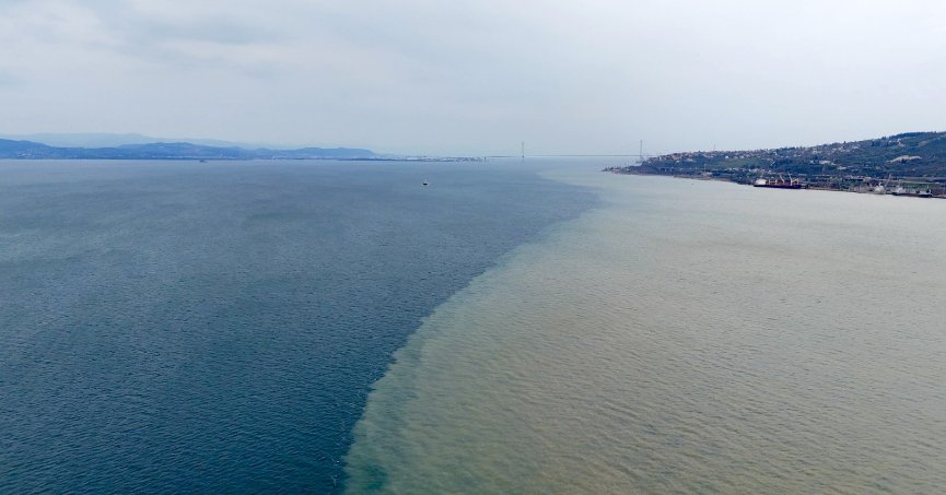 İzmit Körfezi iki renk oldu: Derenin taşıdığı çamur denizin rengini değiştirdi